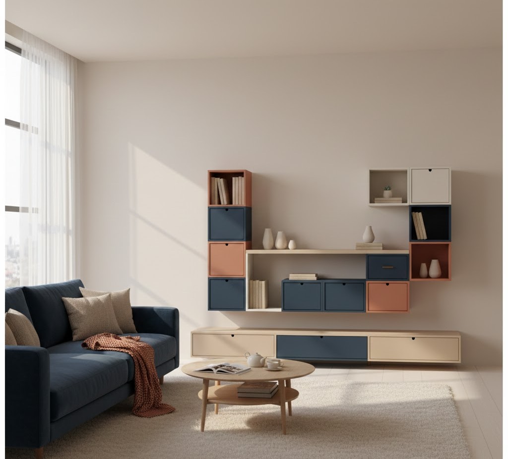 Living room with decorative storage