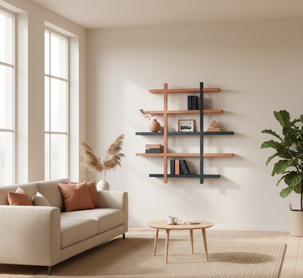 Minimalist living room with geometric decorative shelf